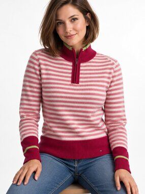 Tommy Hilfiger Women’s Pink Striped Quarter-Zip Sweater – 100% Cotton